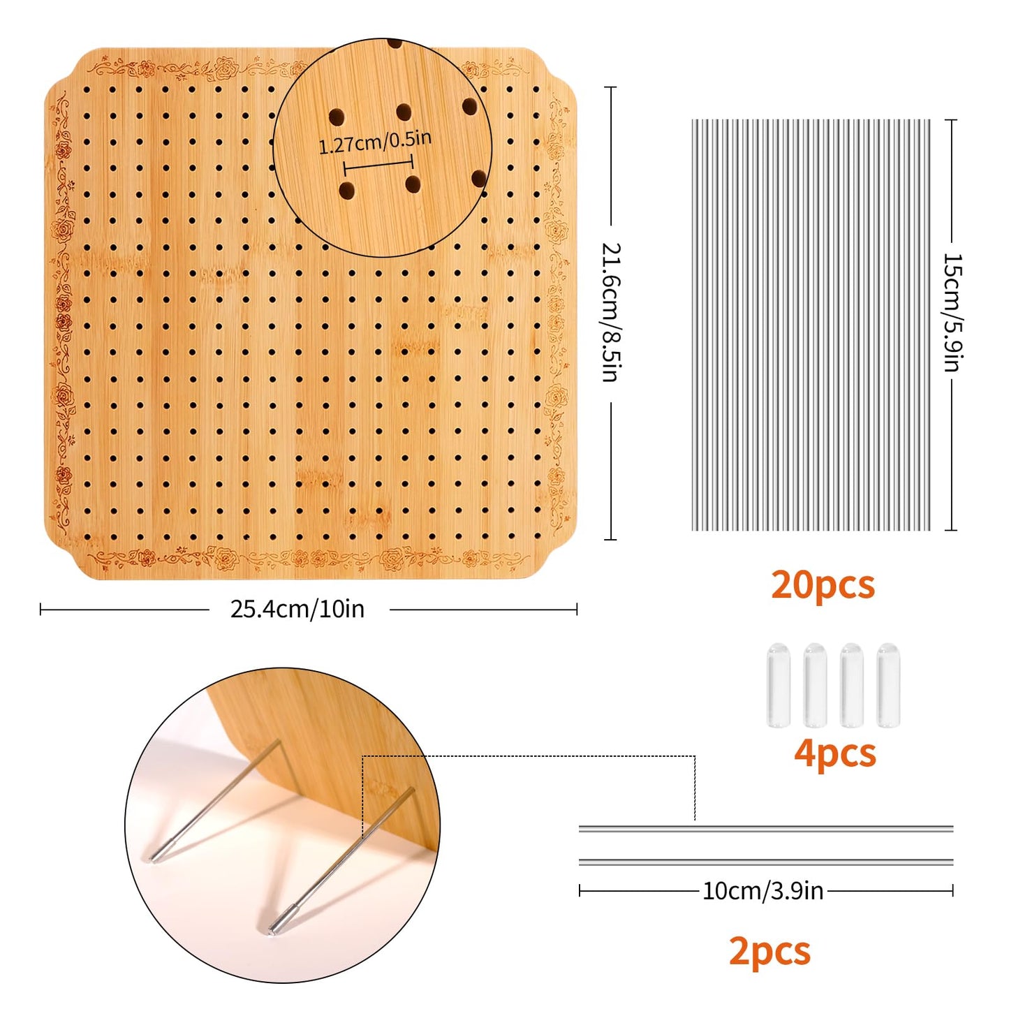 CraftyManor 10 in Blocking Boards for Crochet Projects with Rose Pattern, Crochet Blocking Board with Pegs, Granny Square Blocking Board with 20 Stainless Steel Pegs, Bamboo