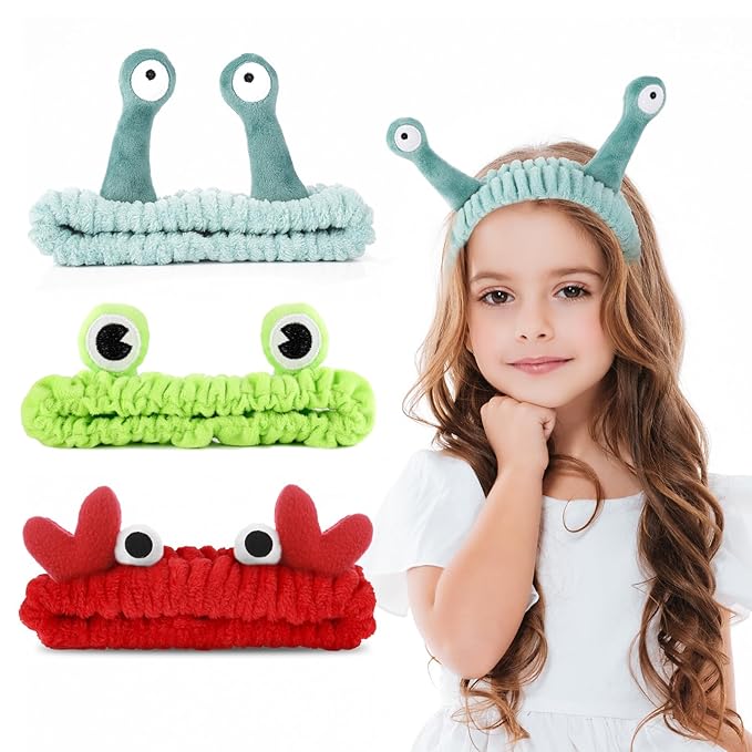 3 Pack Spa Headband Face Wash Hairband Facial Makeup Head Wraps Cartoon Elastic Head Band Cute Frog Snail Crab Shower Headband Creative Hair Accessories for Beauty Skincare Sports