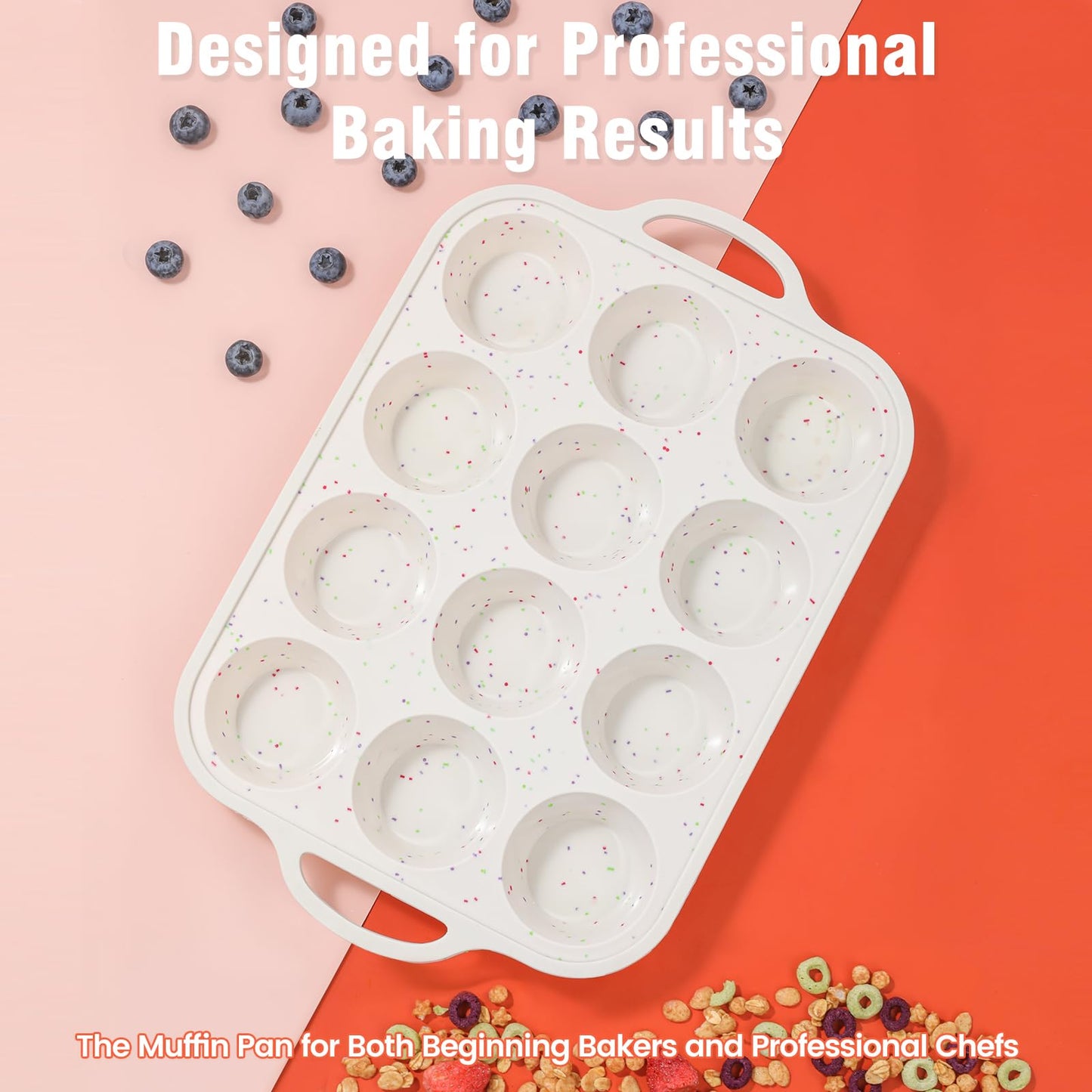 Fimary Silicone Muffin Pan with Metal Reinforced Frame - 12 Cups Muffin Pan With 24 Cups for Homemade Muffins, Cupcakes, Oven and Dishwasher Safe - Set of 2, Rainbow Dots