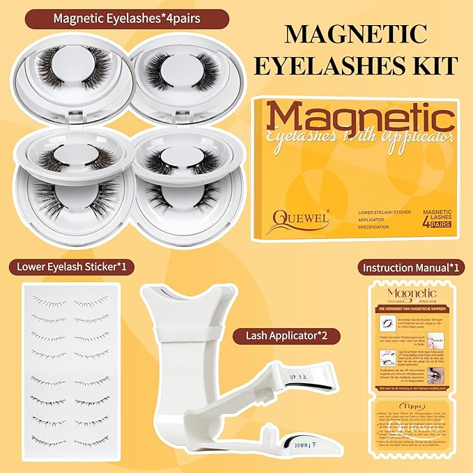 QUEWEL Magnetic Eyelashes 4 Pair Reusable Magnetic Eyelashes with Applicator No Glue Needed Eyelashes Natural Look Lash Clusters Kit Easy to Wear and Remove(4 Pairs-A14)