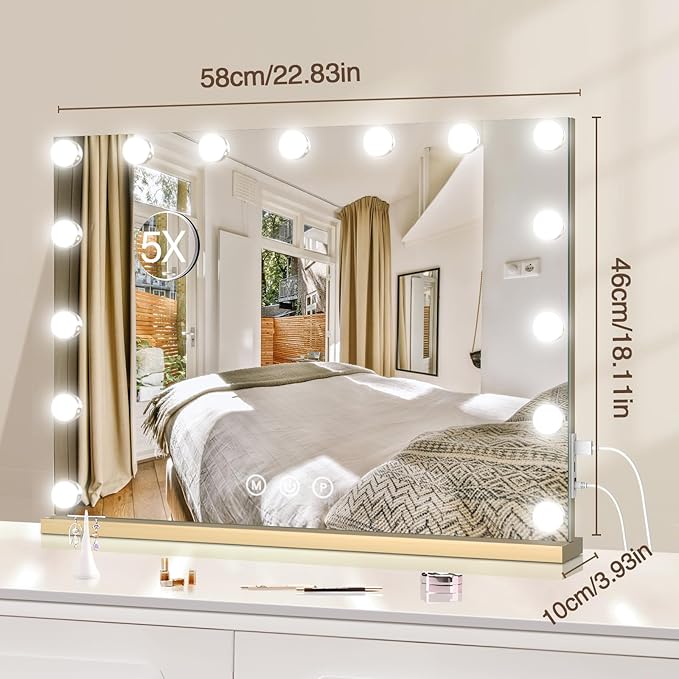 Vanity Makeup Mirror with Lights, 22.8" x 19" Large Light Up Mirror with Smart Touch 3 Colors Dimmable Gold