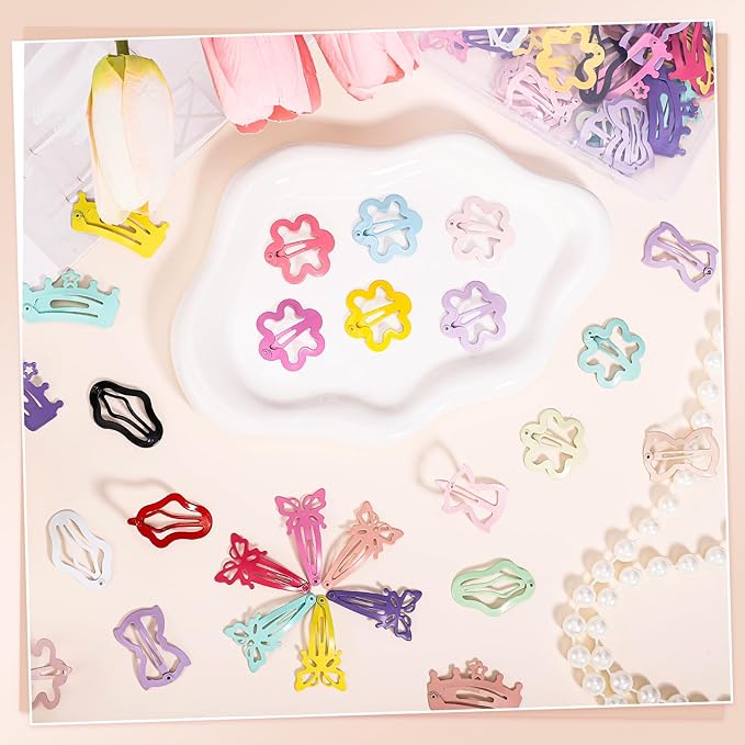 obeoby 82 Pcs 5 Styles Colorful Hair Clips for Girls, Metal Snap Cute Butterflies Flowers Pattern Barrettes for Girls Baby Toddlers Hair Accessories Stocking Stuffers Christmas Gifts