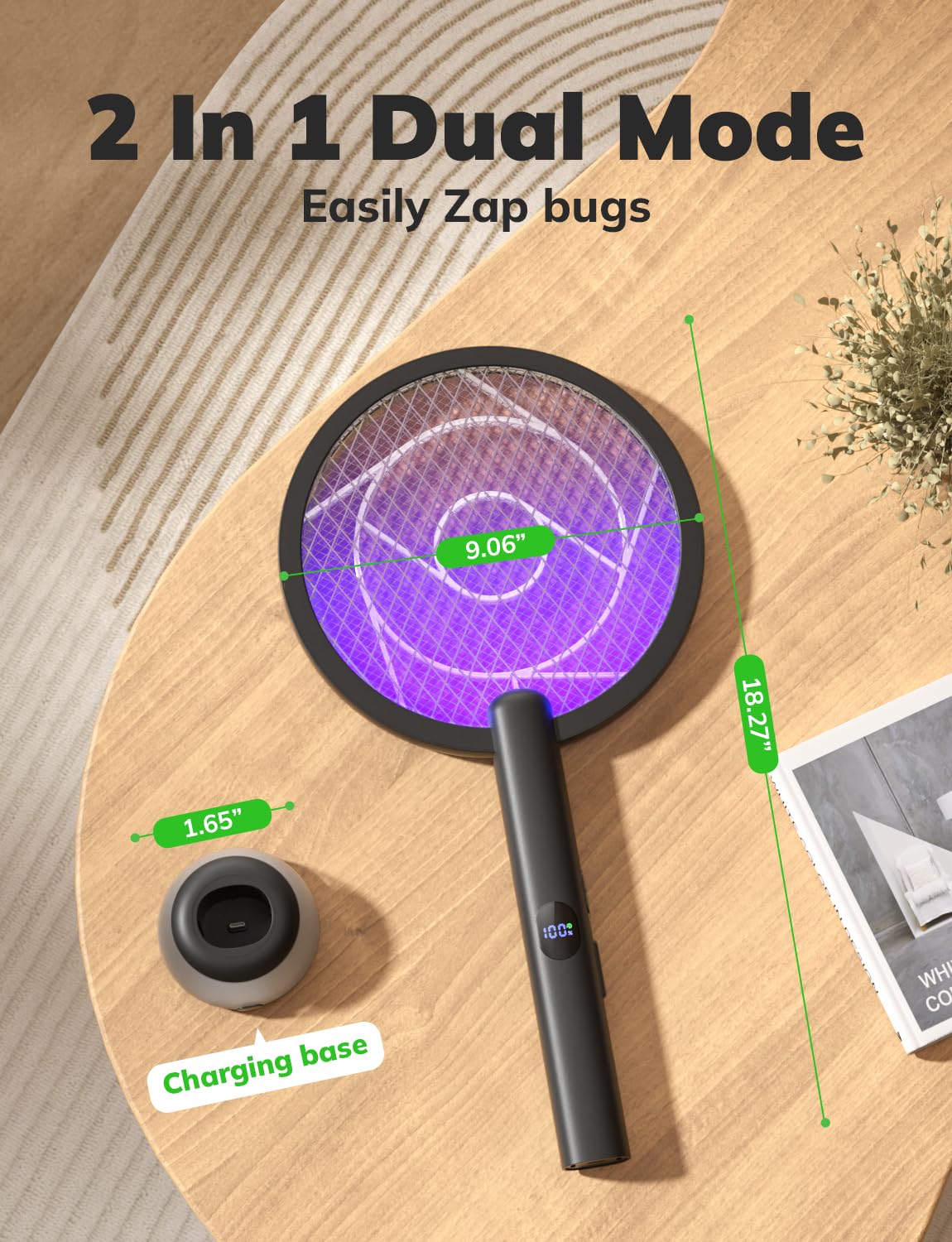 YISSVIC Electric Fly Swatter Bug Zapper Racket 4000V LED Screen Dual Modes Fly Zapper Rechargeable for Indoor Home Office Backyard Patio Camping (Black)