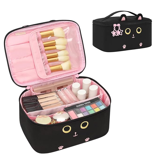 OCHEAL Makeup Bag,Travel Makeup Organizer Bag, Cute Cosmetic Bags for Women Girls Travel Toiletry Bag Traveling With Brush Slot And Divider-Cat