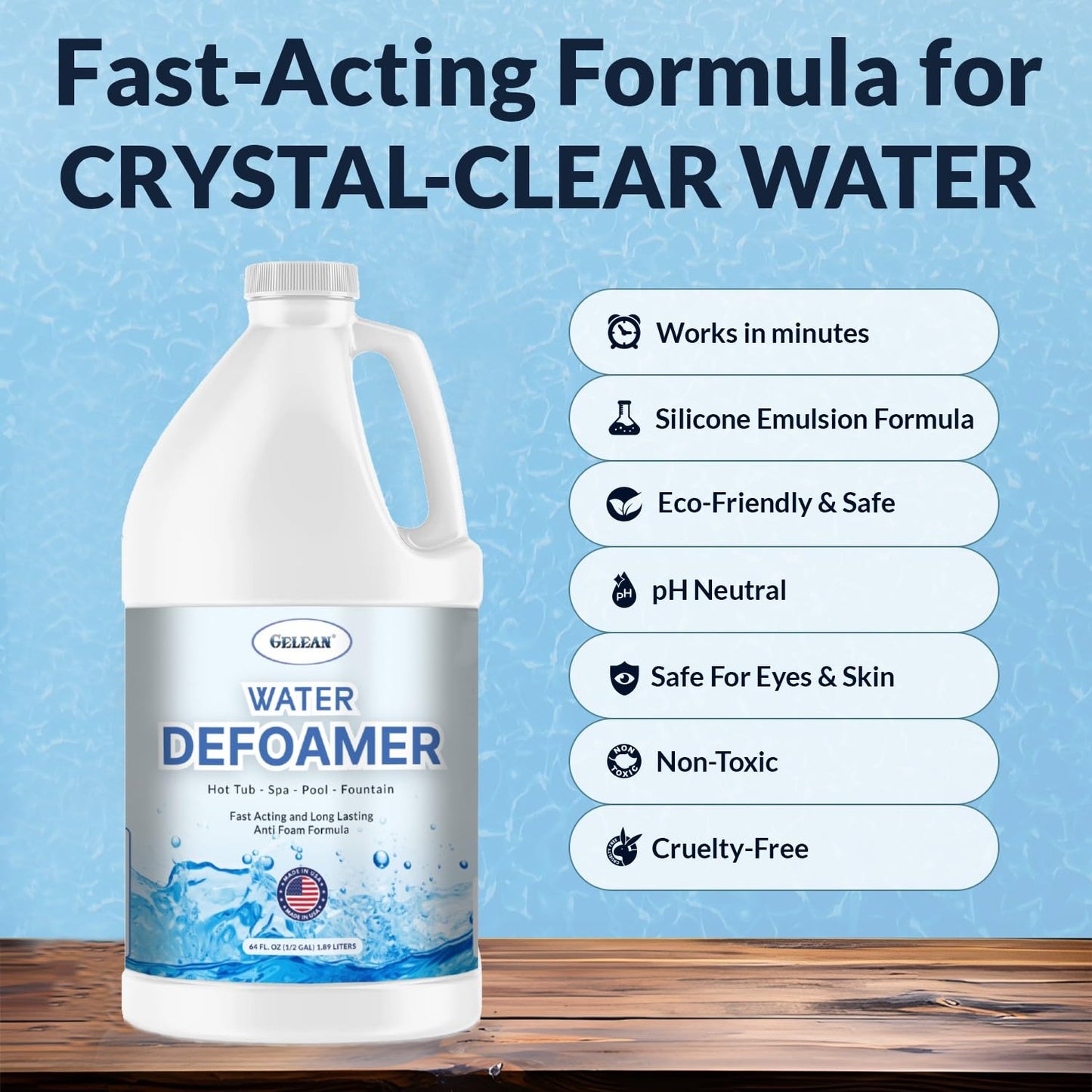 Hot Tub Defoamer - Pool, Fountain, Spa Anti Foam Defoamer -1/2 Gallon (64 oz.)- Eco Friendly & Safe Water Anti Foam - Quickly Removes & Prevents Foam - Silicone Emulsion HotTub Chemicals Made in USA,
