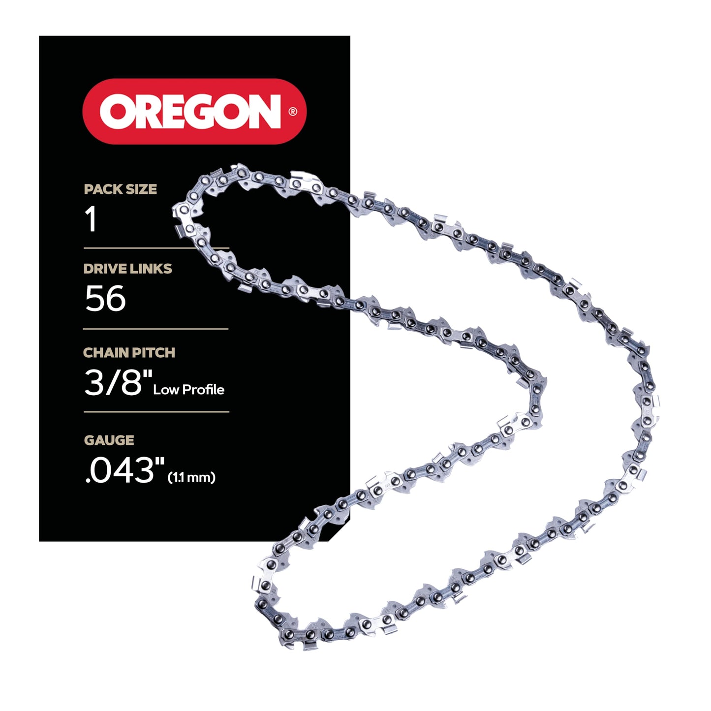 Oregon Chainsaw Chain 3/8" LP Pitch, .043" (1.1 mm) Gauge for 16" (40cm) Bar, 56 Drive Links â Low-kickback Replacement Saw Chain, Fits Greenworks, Makita, Ego, Dewalt and more