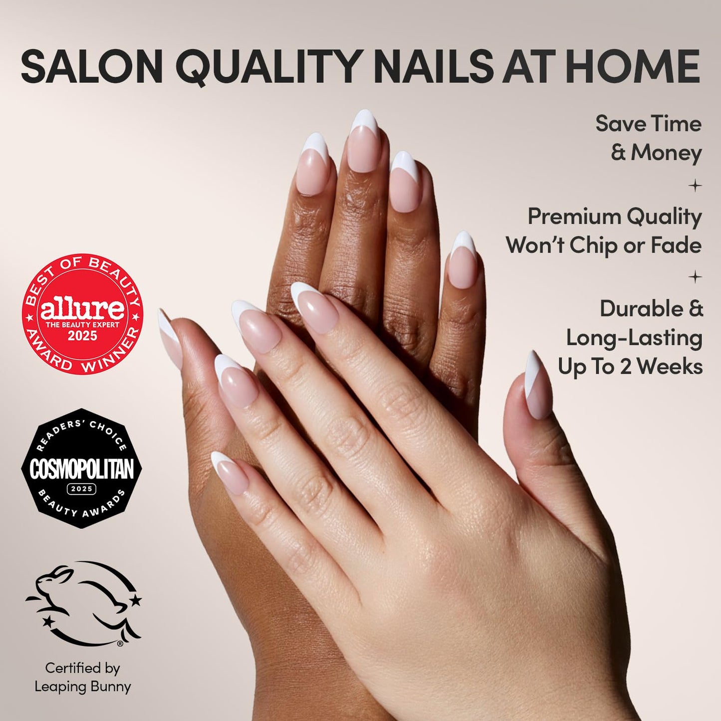 Glamnetic Press On Nails - MaDamn | French Tip UV Finish Short Pointed Almond Fake Nails, Salon Quality Semi-Transparent Nails in 12 Sizes - 24 Nail Kit with Glue