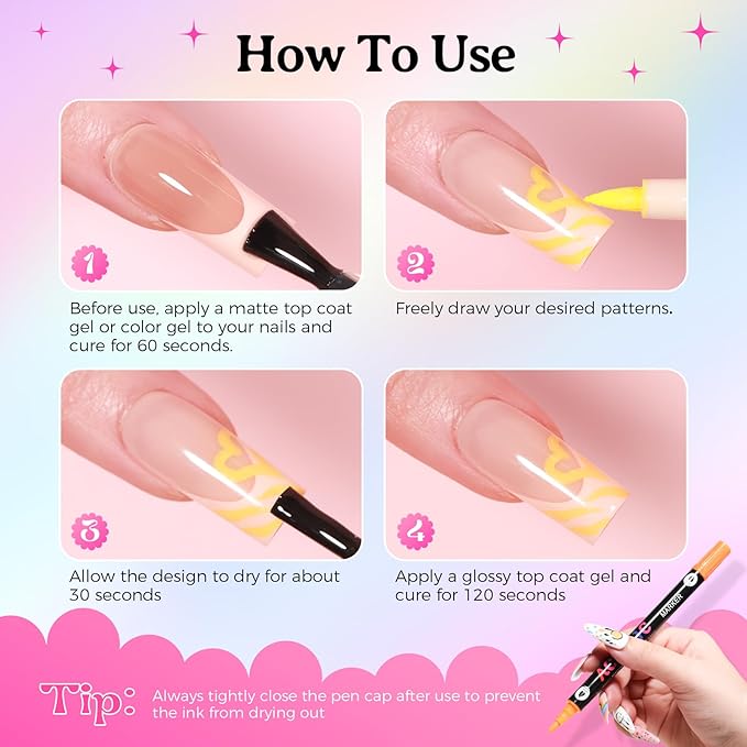 24 Colors(12Pcs-dual) Nail Art Pens Set, 3D Nail Polish Pens Quick-Drying Acrylic Paint Markers, Dotting Liner Brush for DIY Nail Design, Home & Salon Manicure Tools, MarkerPen