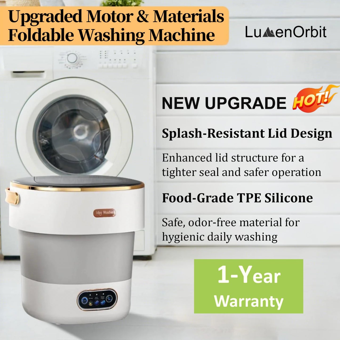 LumenOrbit Portable Washing Machine with Spin Basket, Upgraded 16L Foldable Mini Washer【5-Min Wash・3-Min Spin・1-Year Manufacturer Warranty】Small Washing Machine for Travel, Dorms, RVs, Camping (Gray)