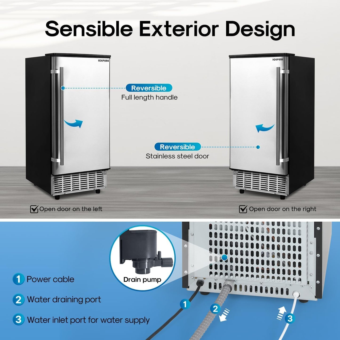 ICEPURE 15" Under Counter Ice Maker with Drain Pump, 90lbs/24H, Self-Cleaning, Smart Reminder, 24H Timer, ETL FCC, Built-in or Freestanding for Residential and Commercial, Stainless Steel
