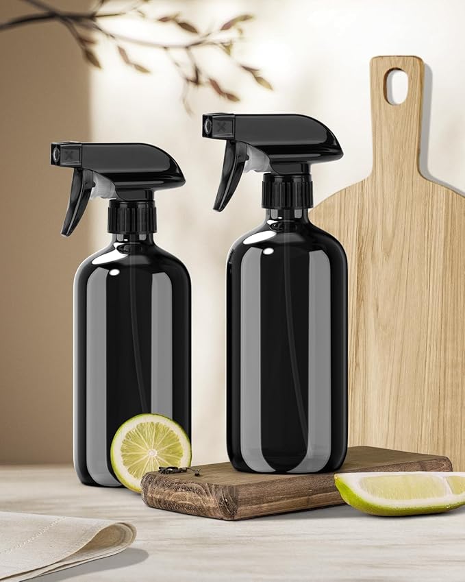 Bontip Glass Spray Bottle, Black Glass Spray Bottle Set & Accessories Refillable for Plants Window Cleaners Aromatherapy Facial hydration Watering Flowers Hair Care (2 Pack/16oz) (Black)