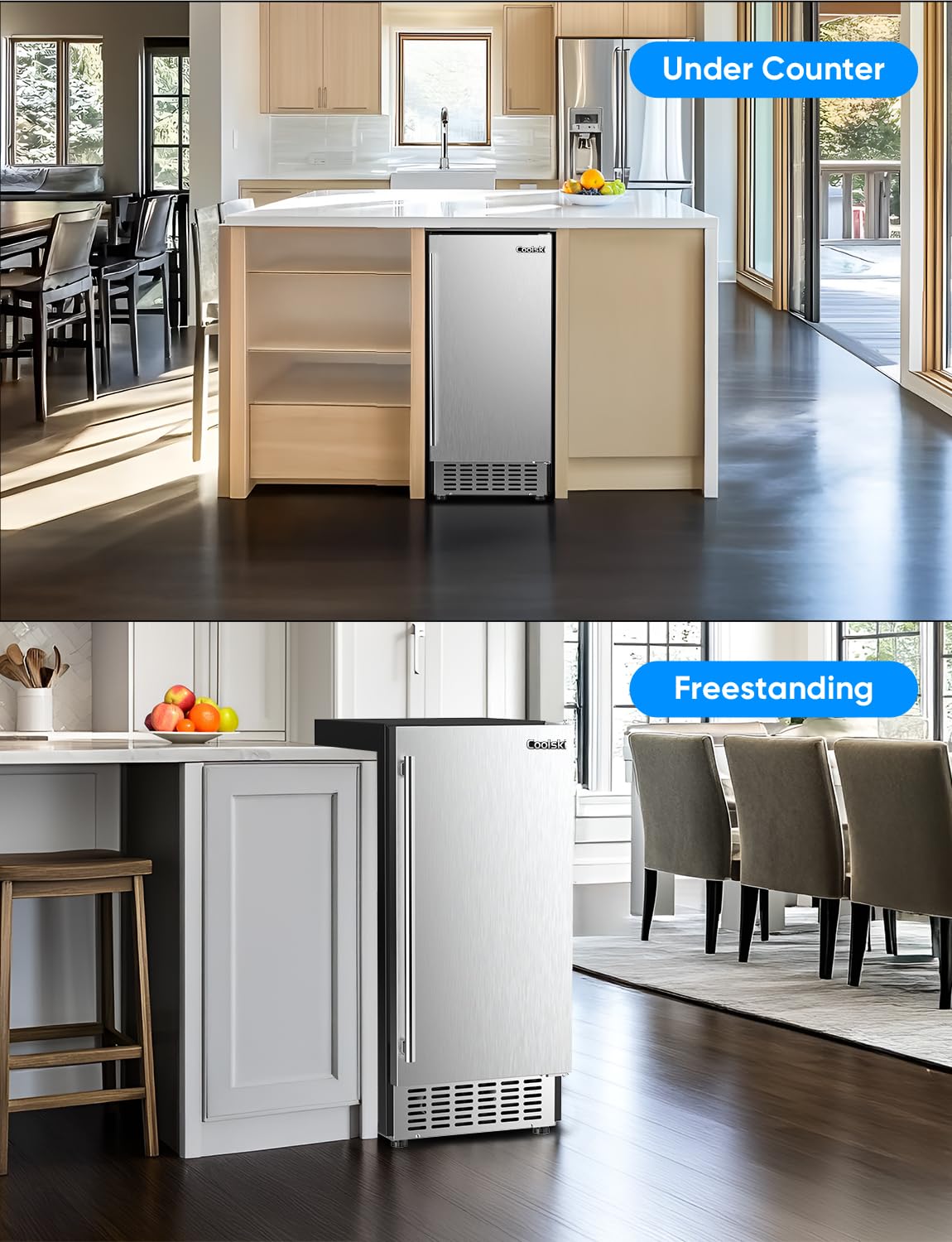 Coolski 130Lbs/ Day Under Counter Ice Maker Machine, Stainless Steel Built-in Freestanding Ice Maker with 30LBS Ice Storage, Perfect for Commercial & Home Use, 15 Inch Wide