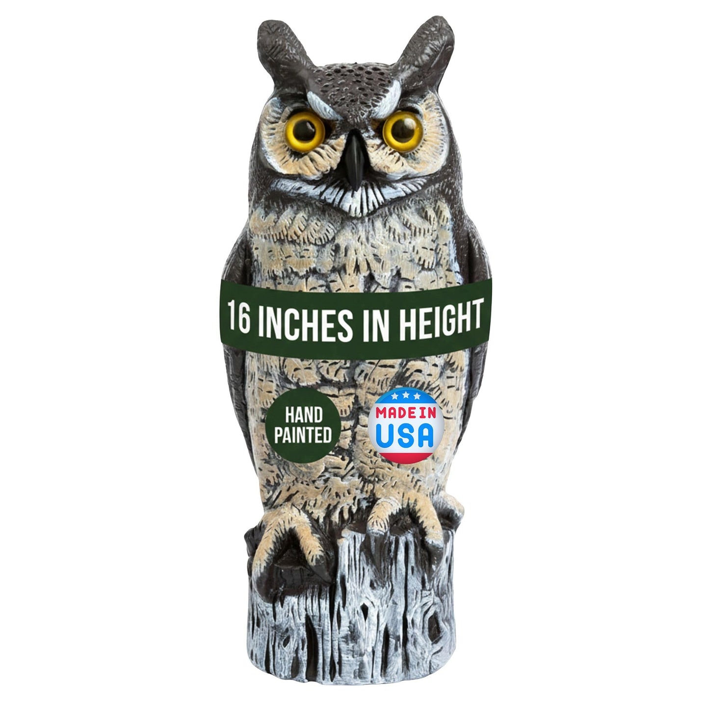 Dalen Large Fake Owl Decoy to Scare Birds Away - 16 in Hand-Painted Great Horned Owl Garden Scarecrow for Natural Pest Control - Fixed Head Design - Secure Upright by Filling with Sand/Gravel Only