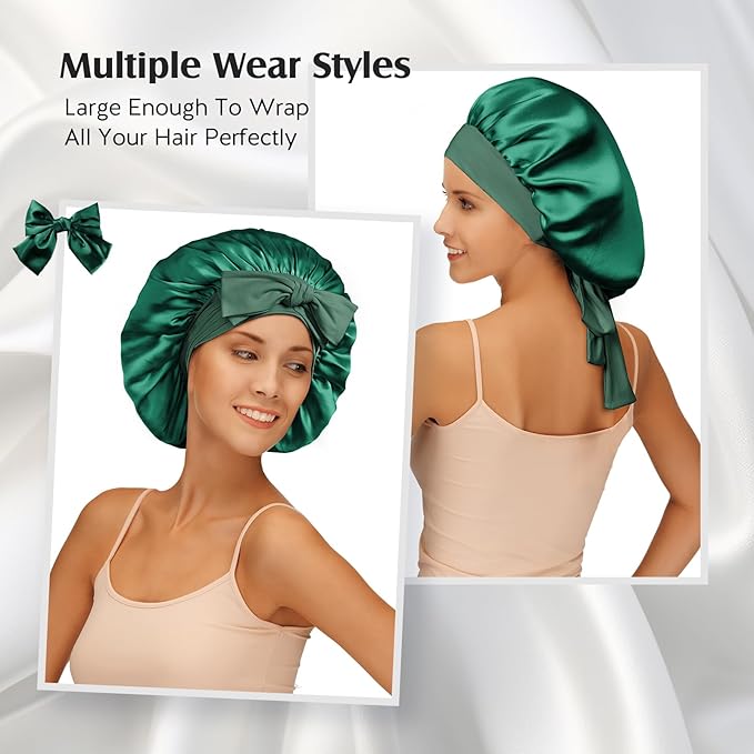 YFONG 100% 22 Momme Mulberry Silk Bonnet for Sleeping Women, Larger Double Layer Silk Hair Wrap for Curly Short Long Hair, Non-Slip Sleep Shower Cap Turban with Elastic Tie Band, Deep Green