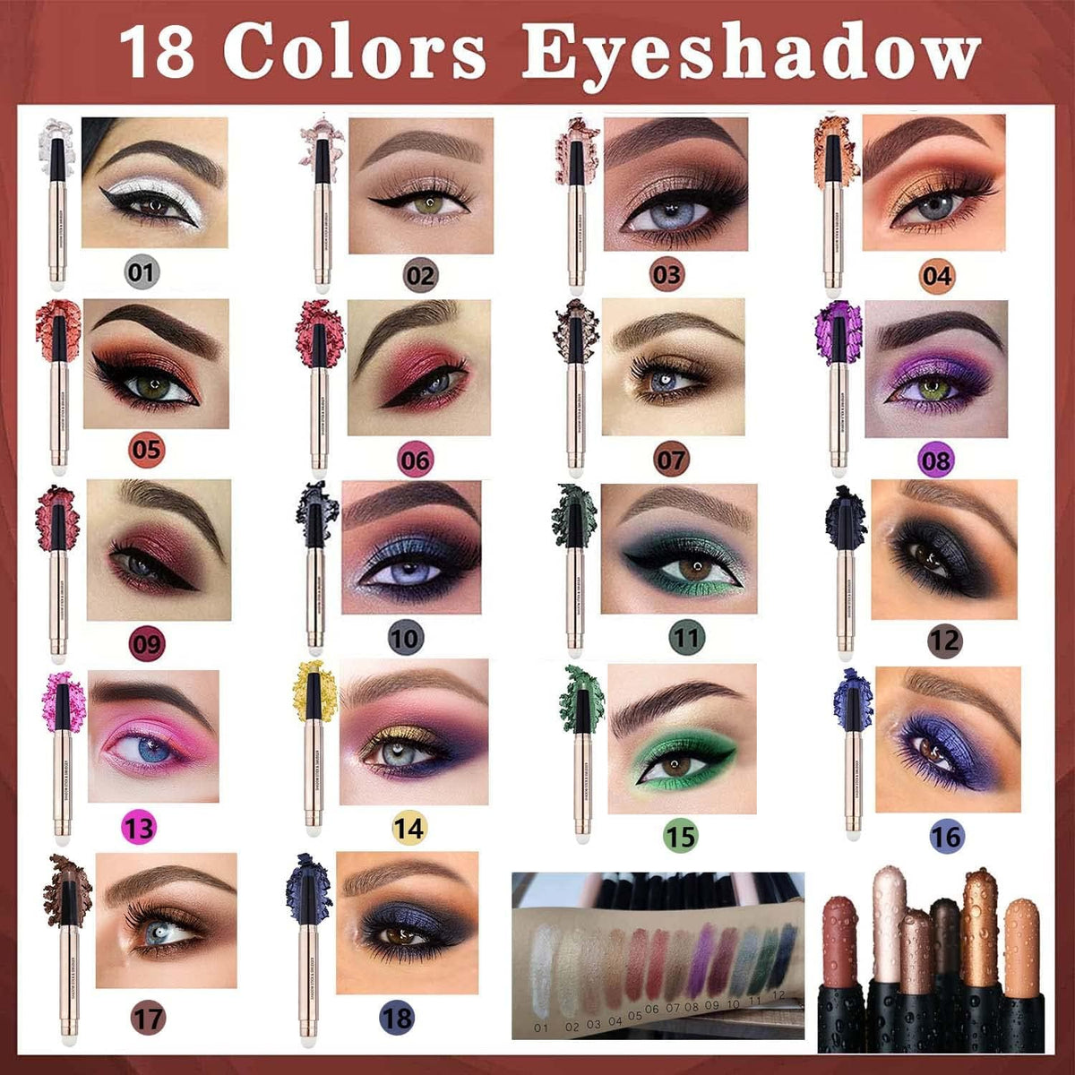 Warm gold Eyeshadow Stick And Sponge Makeup Brush, Smooth Cream Shimmer Shadow Pencil Long Lasting Waterproof Eye Shadow Highlighter, Hypoallergenic Highlighter Multi-Dimensional Eyes Look 03