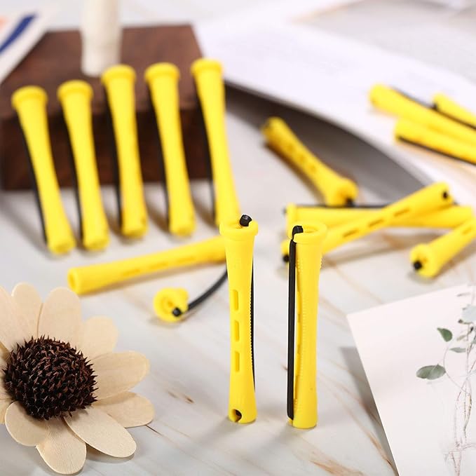 WILLBOND 60 Pcs Short Perm Rods Natural Hair Perm Rods with Elastic Rubber Band Non Slip Plastic Perming Cold Wave Kit for Women Hairdressing Styling Tool(0.28 Inch,Yellow)