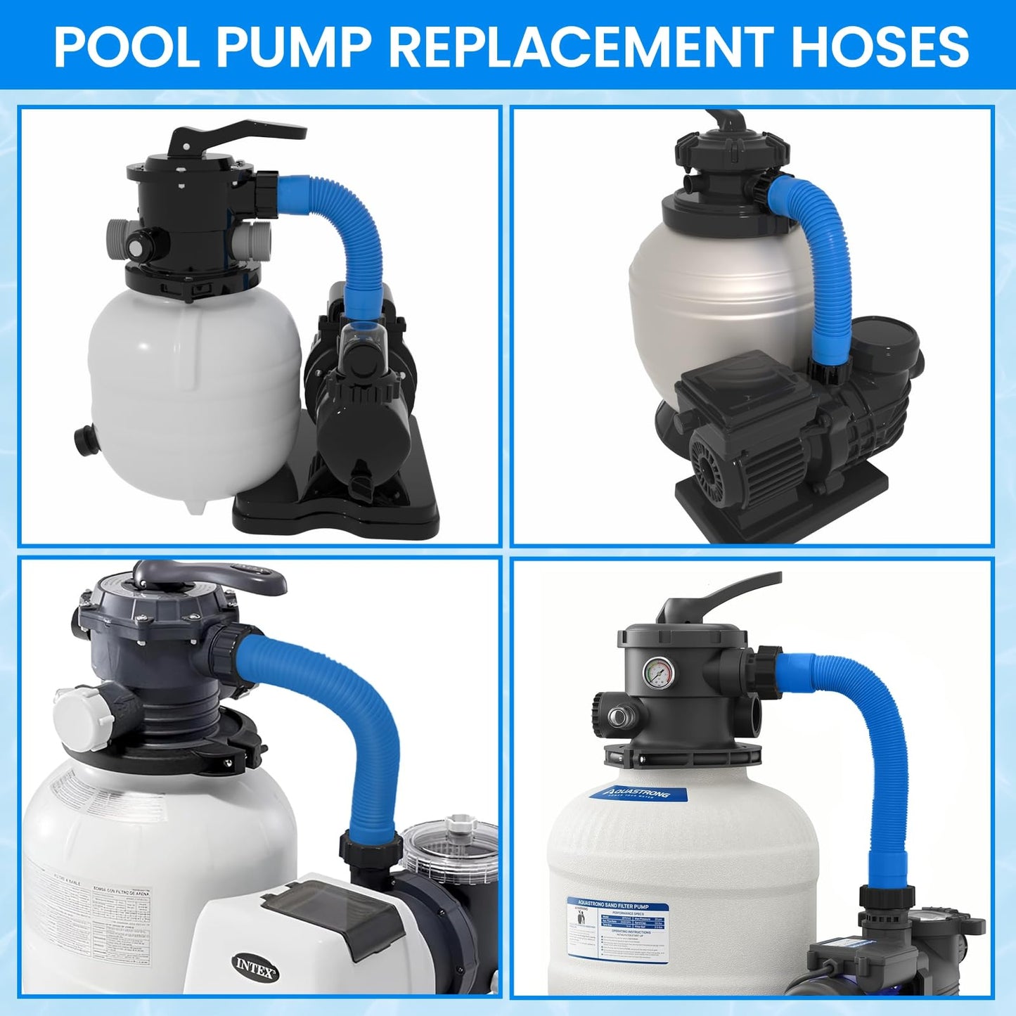 1.5" x 20" Pool Hose Replacement, Pack of 2 - Compatible with Above Ground Pools Filter Pump Hoses, Sand Filters, Saltwater Systems (1,500-2,500 GPH), Blue