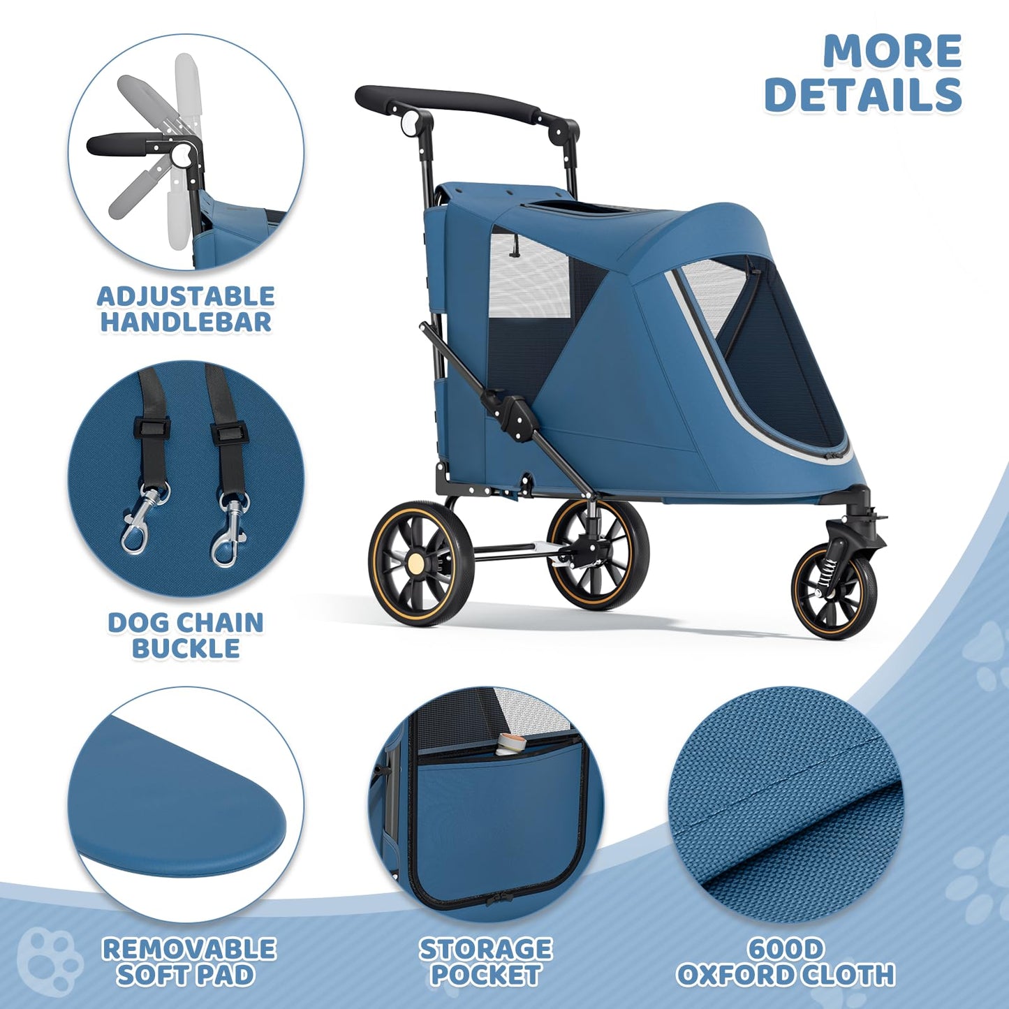 Magshion Pet Stroller for Medium Dogs w/Adjustable Handle, 3-Wheel Dog Cat Wagon w/Dual Entry, Rear Storage, Breathable Mesh, One-Foot Brake, Ideal for Large Pets up to 55 lbs, Navy Blue