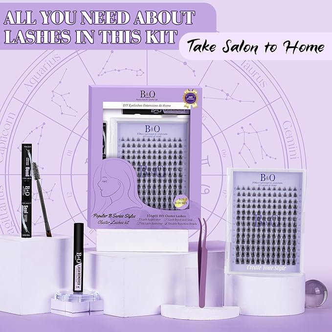 B&Q Wispy Lash Clusters Kit B20, DIY Lash Extension Kit 156PCS Eyelash Extension Kit, Soft Natural Lash Clusters 8-18MIX D Curl Lash cluster, Thin Black Band Cluster Eyelash Extensions (B20 Set)