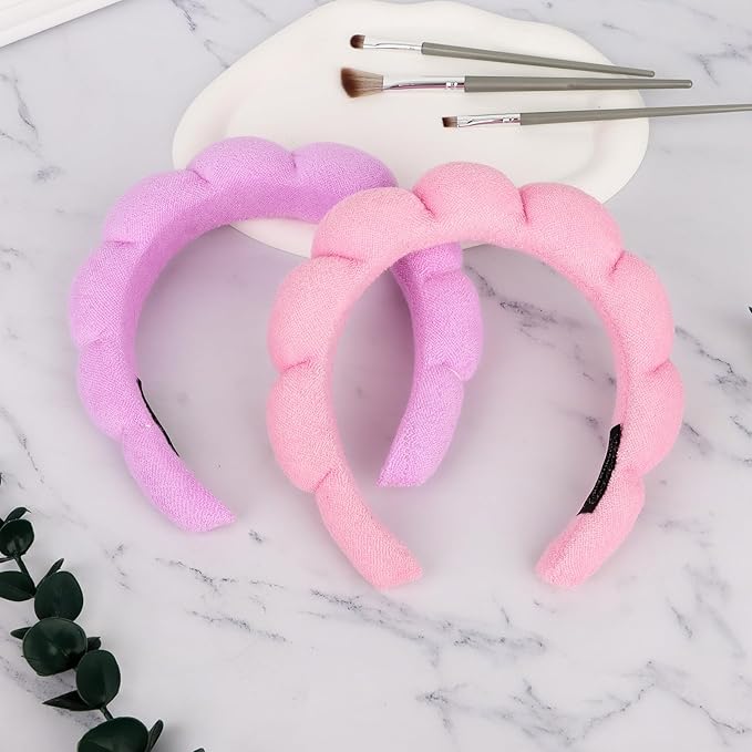 AMCAMI Puffy Spa Headband for Women Sponge Headbands for Girls 2 PCS Terry Towel Cloth Fabric Head Band for Skincare,Makeup Removal,Face Washing,Facial Mask,Shower,Hair Accessories(Purple&Light Pink)