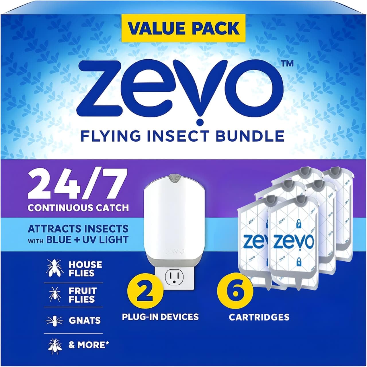 Zevo Indoor Insect Trap Kit, 2 Devices with 6 Refills, Mess-Free Fly & Gnat Control