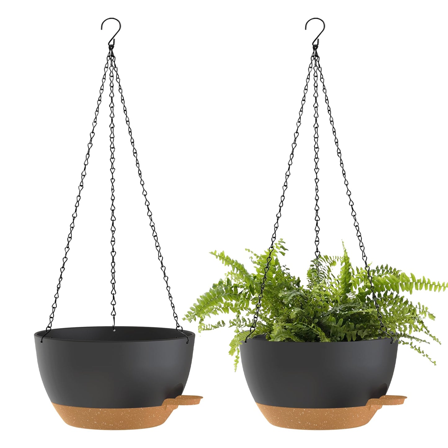 SQKH 12 Inch Hanging Baskets 2 PC with Chains, Self-Watering Hanging Planters for Indoor Outdoor Plants, Plastic Hanging Flower Pots,Black Brown