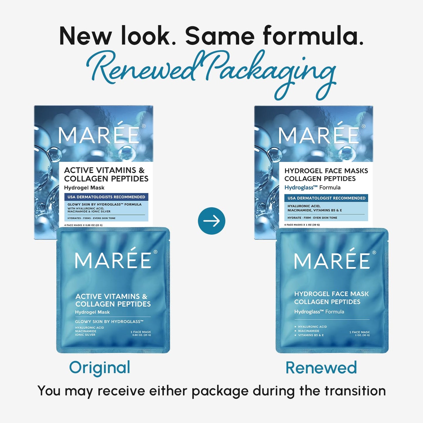 MAREE Hydrogel Collagen Facial Mask with Hyaluronic Acid — Hydrating Face Masks Skincare — Niacinamide, Amino Acids & Red Algae Extract — Facial Masks For Women — Mascarillas Para La Cara — 4 Count