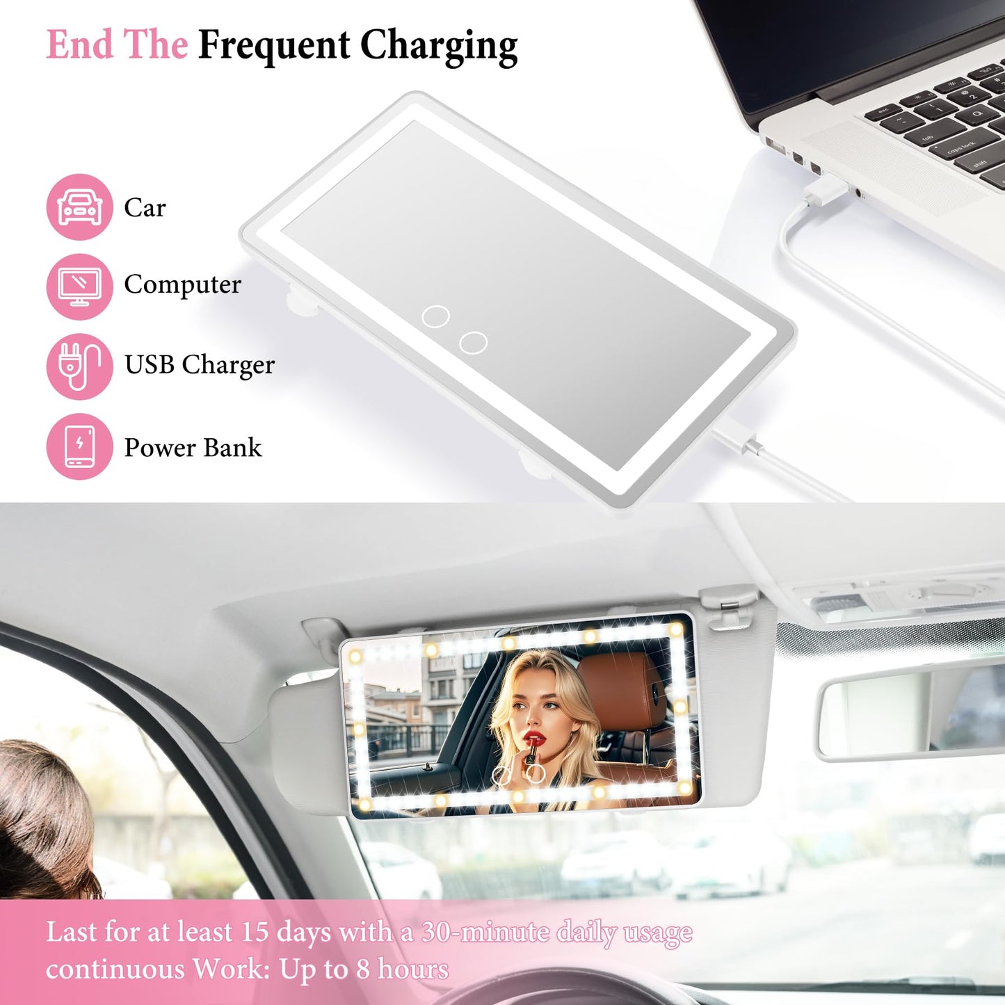SINGARO Car Sun Visor Vanity Mirror - Rechargeable Makeup Mirror with 60 LEDs, 3 Light Modes & Dimmable Touch Control for Cars, Trucks, SUVs, Car Interior Accessories for Women (White)
