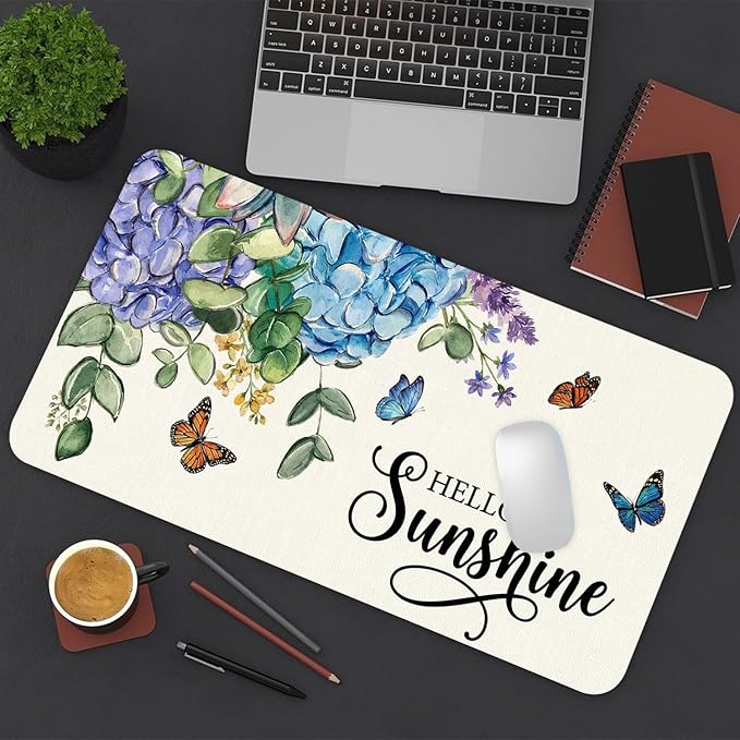 Large Mouse Pad, Hello Sunshine Floral Desk Mat for Desktop, Women Girls Flowers PU Leather Waterproof Desk Pad, Computer PC Laptop Protector Gaming Mouse Pads for School Office Home (23.6" x 11.8")
