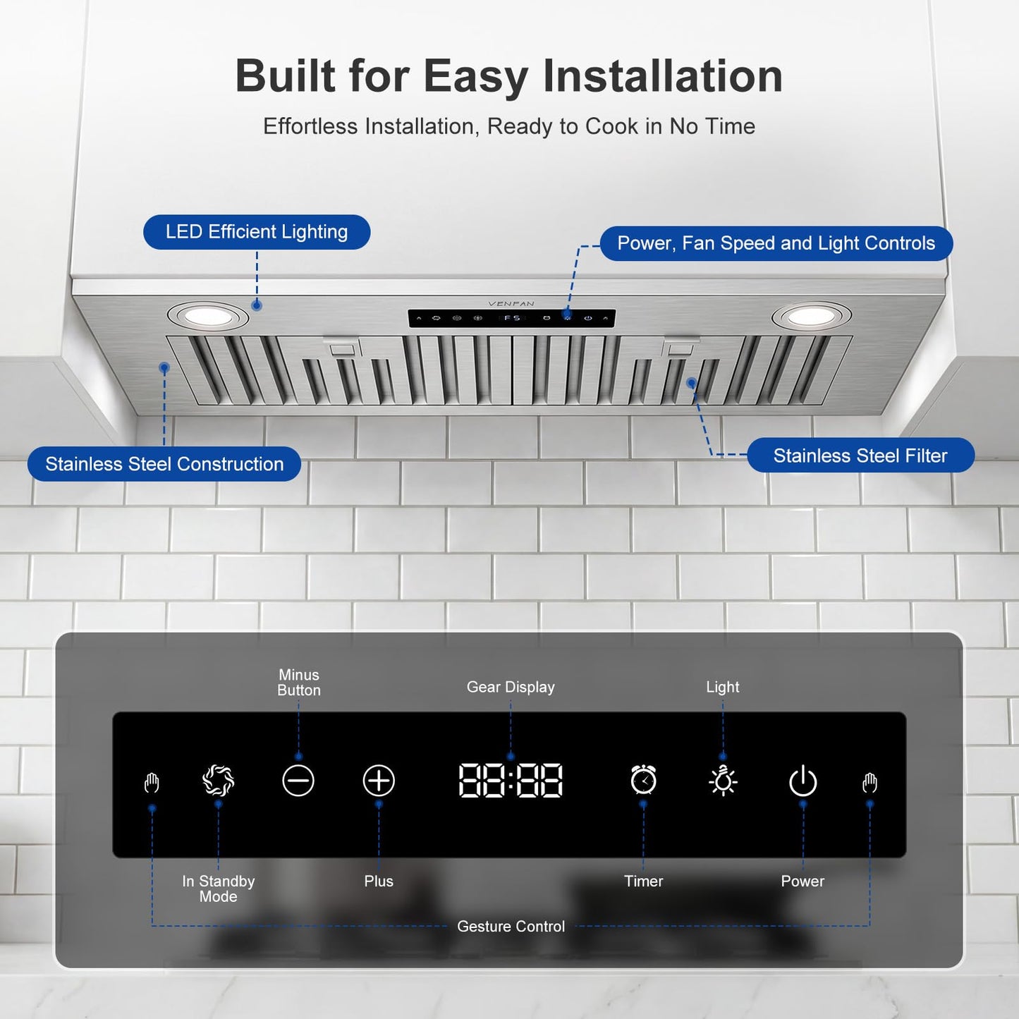 VENFAN 30 Inch Insert Range Hood, 1200 CFM DC Motor Kitchen Vent Hood with Gesture Sensing & Touch Control, Ducted/Ductless Convertible Built-in Range Hood, Stainless Steel