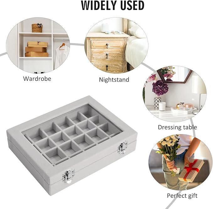 Velvet Jewelry Box 24 Grid Jewelry Ring Display Organiser Box Tray Holder Earrings Storage Case for Girls Wife Mom Women (Gray)