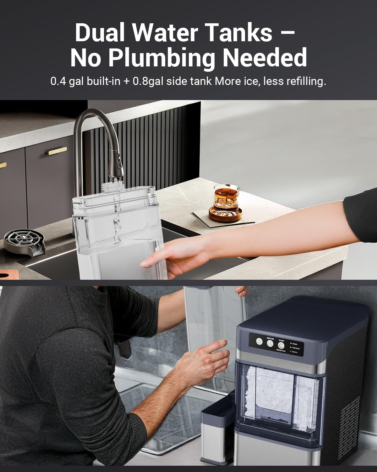 44 lbs/Day Nugget Ice Maker Countertop, Pebble Ice Machine with 0.8 Gal Water Tank 6-10 Mins Fast Ice Making for Home, Camping, Kitchen, RV (Silver)