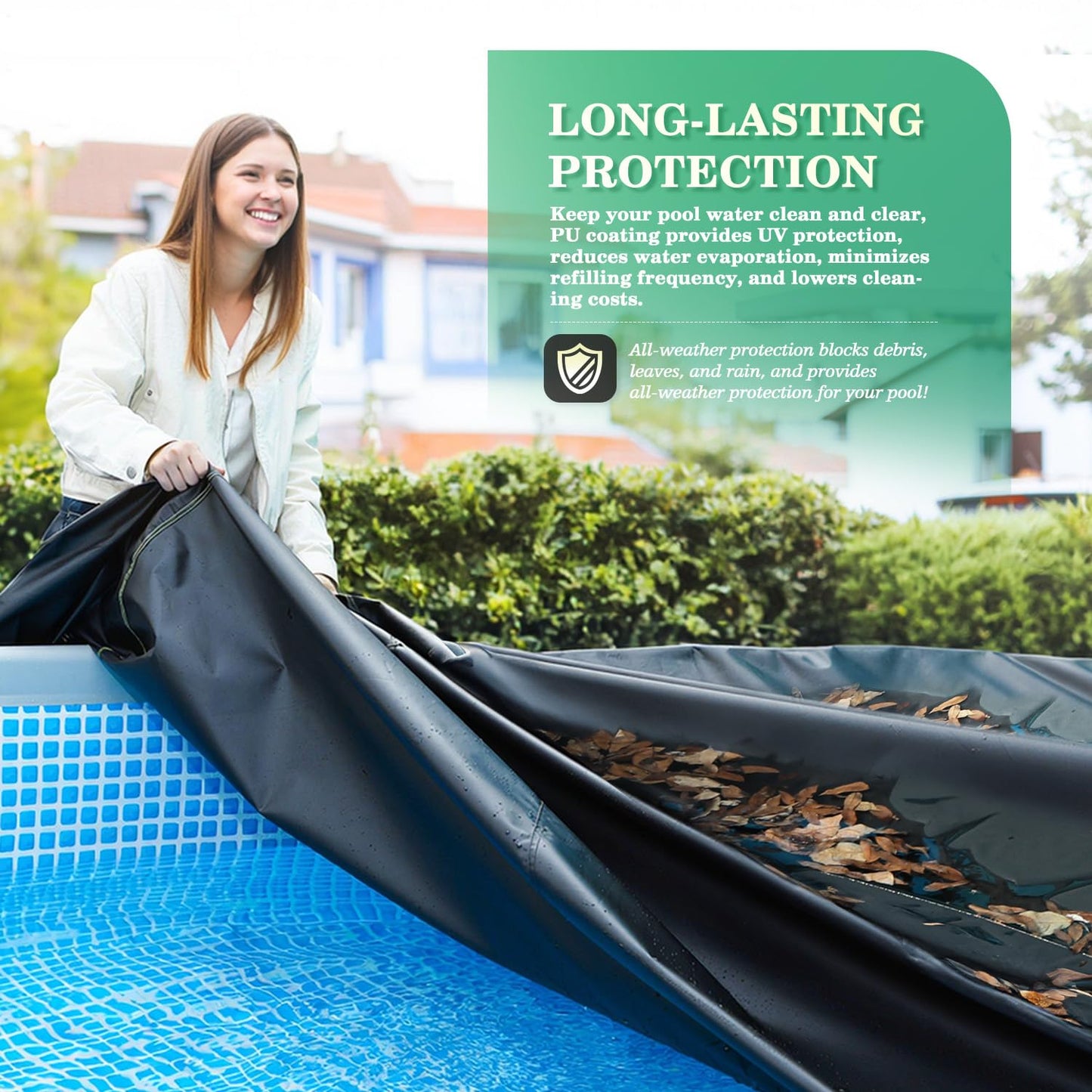 UIRWAY 8 Ft Round Pool Cover with Reflective Strips, Swimming Pool Cover for Above Ground Pools, Solar Cover Including Rope Tie and Luminous Ground Nails, PU Tarp Snug Fit for UV Protected