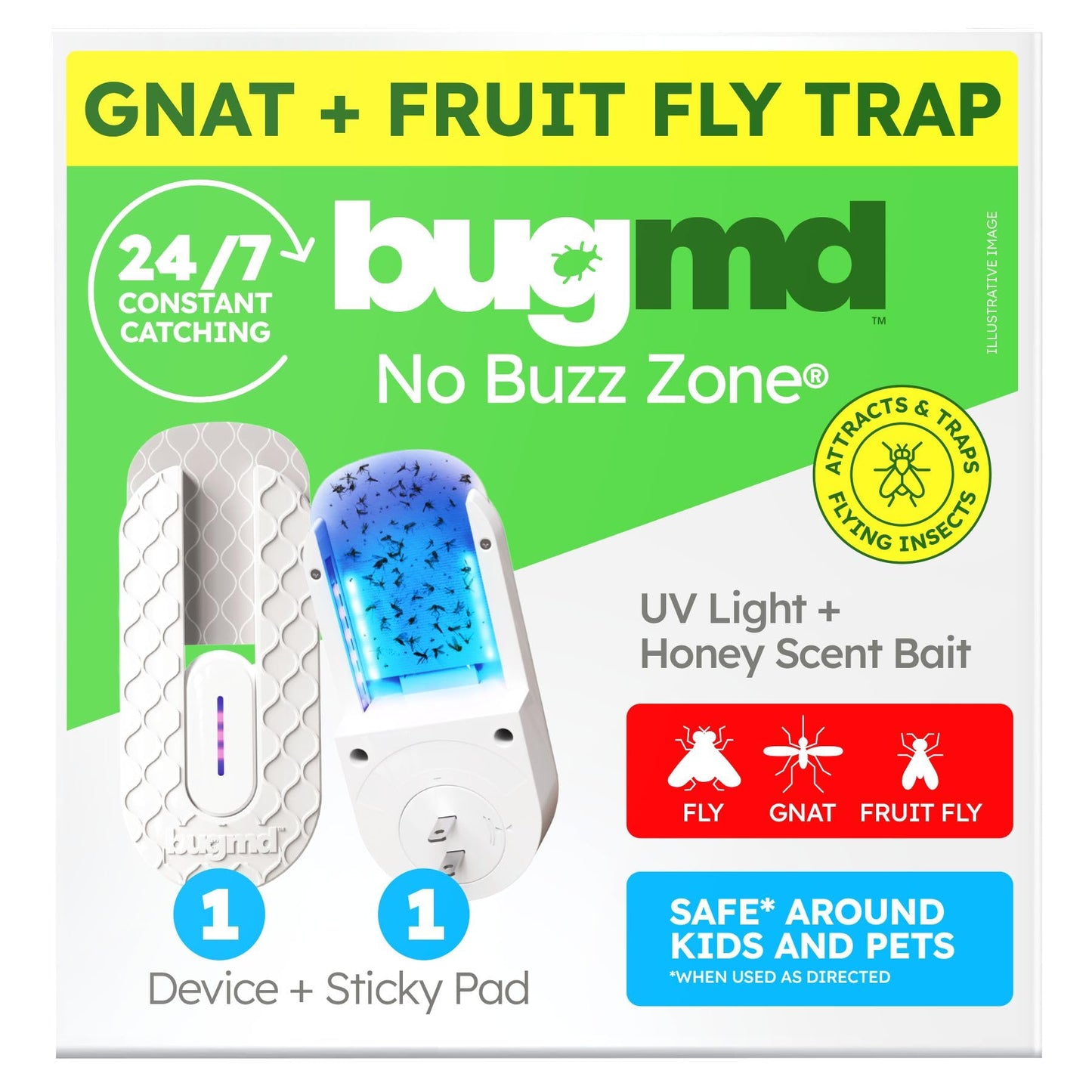 BugMD No Buzz Zone Fruit Fly Traps for Indoors with Honey Scent Bait & UV Light â Gnat Traps for House Indoor, Plug in Fly Trap Indoor, Bug Zapper Alternative, Mosquito Trap for Home