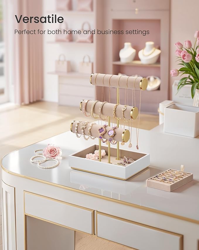 SONGMICS Bracelet Holder Stand, Jewelry Display Stand, Jewelry Organizer, with 3 Tiers and Velvet Tray, Removable Ring Holder, Cloud White and Camel Brown UJJS027A01