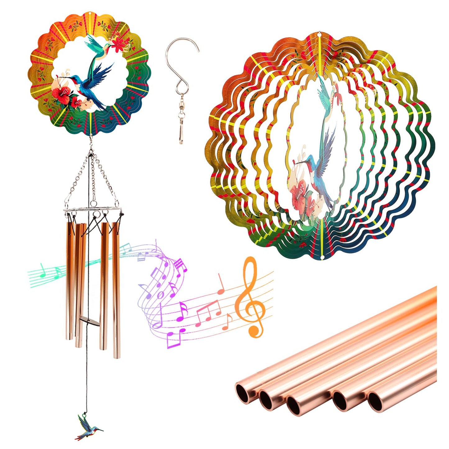 Wind Chimes with Hummingbird Wind Spinner, Gifts for Mothers Day Mom Women Grandma Birthday Retirement Teacher, 31" Windchimes Outdoor Decor Hanging Mobile for Garden Porch Patio Backyard
