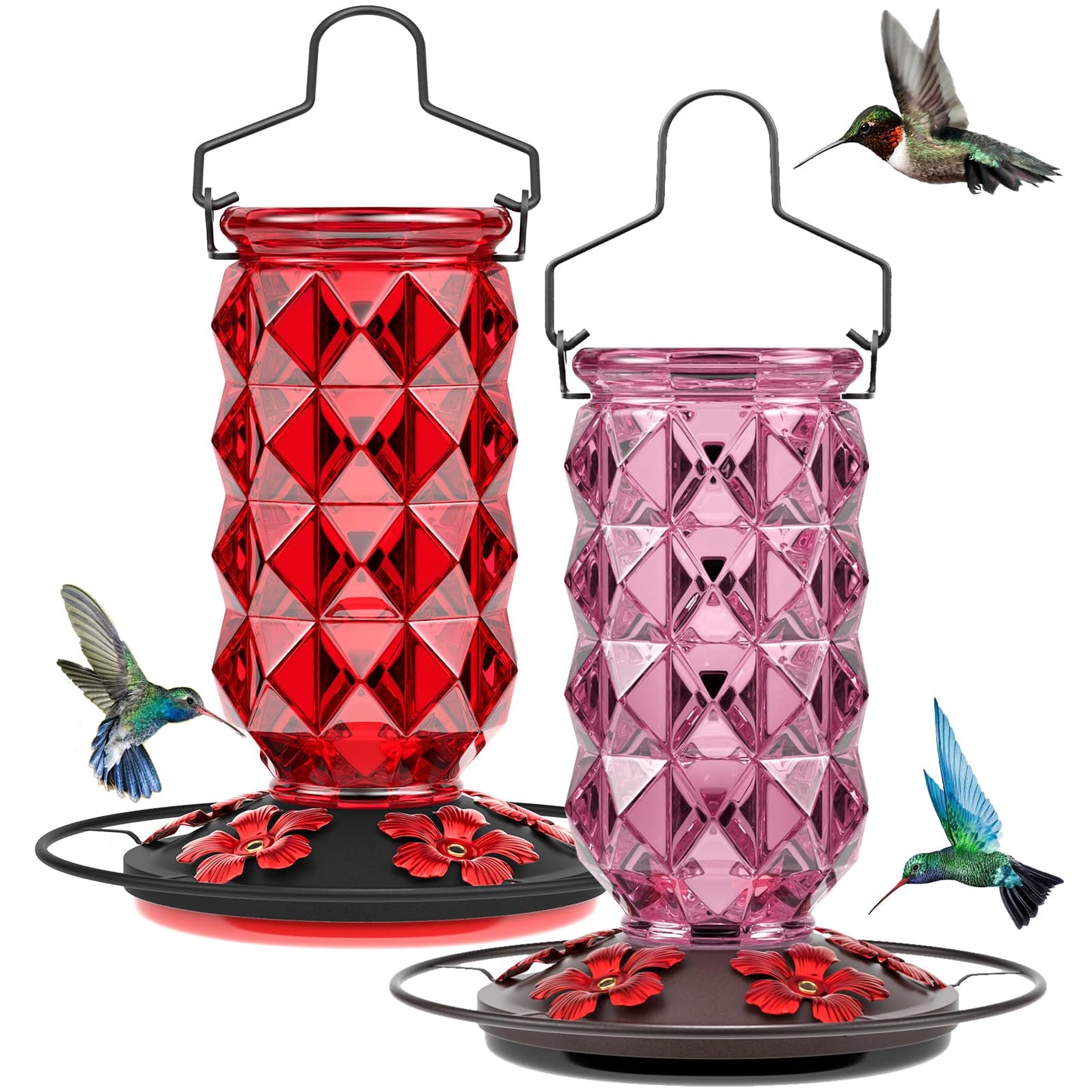 2 Pack Glass Hummingbird Feeders for Outdoors, 25 Ounces Wild Bird Nectar Feeder with Perch & 5 Flower Feeding Ports Leak Proof Hanging for Garden Backyard Decor, Gifts for Women Mom, Red & Pink