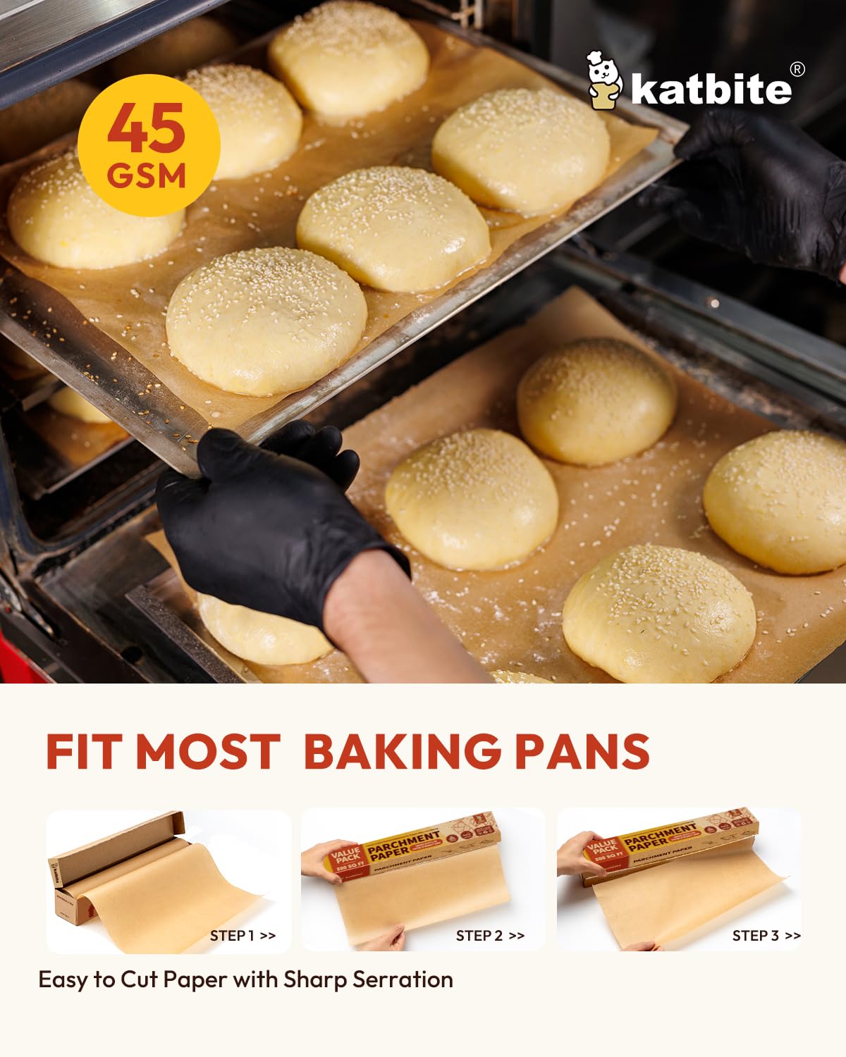 2 Value Pack 15in x 242ft, 300 Sq.Ft Unbleached Parchment Paper Roll for Baking, Katbite Parchment Baking Paper with Serrated Cutter, Non-stick Roll for Cooking, Air Fryer, Steaming, Bread