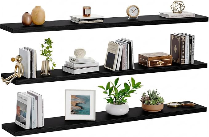 AMADA HOMEFURNISHING 47.2" L Floating Shelves, Wall Shelves Set of 3 for Bathroom/Living Room/Bedroom/Kitchen, Black Floating Shelves for Wall Decor with Invisible Brackets - AMFS55B