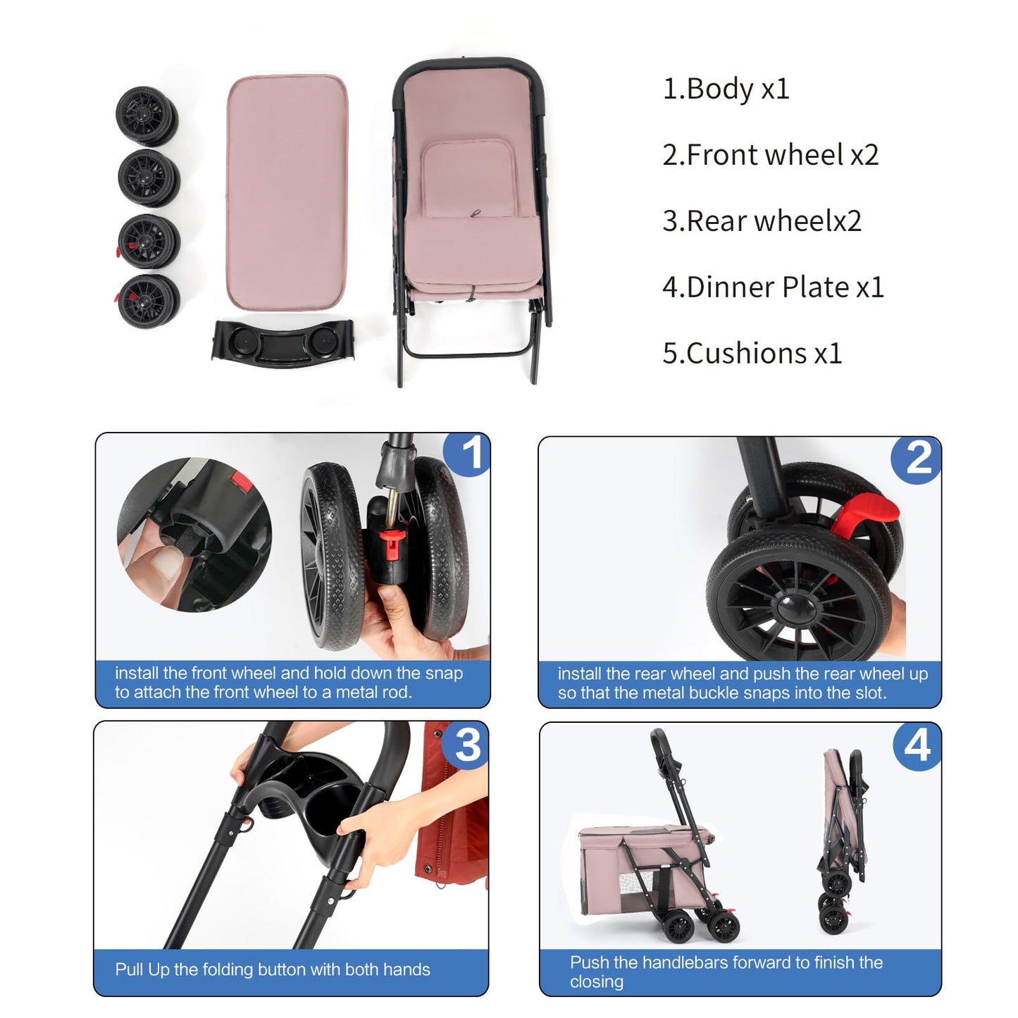 Pet Stroller Cat Dog Stroller Travel Folding Pet Carriers(Pink)