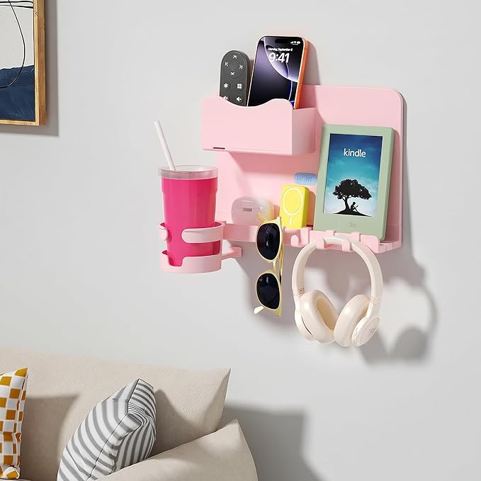 Floating Shelves for Bedside Shelf Accessories Organizer, Wall Mount Self Stick On, Cute Room Decor Aesthetic, Girls Room Decor, Cool Stuff for Bedroom Storage and Organization (Pink)
