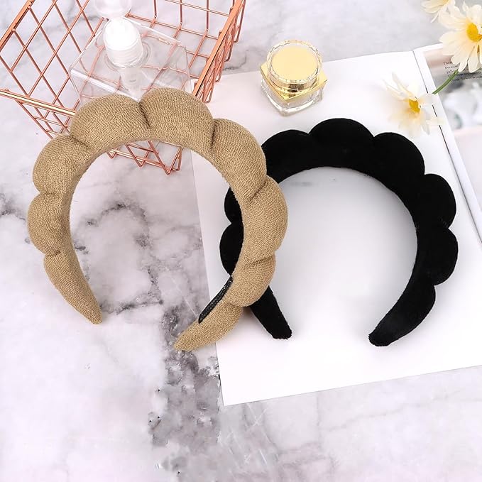AMCAMI Puffy Spa Headband for Women Sponge Headbands for Girls 2 PCS Terry Towel Cloth Fabric Head Band for Skincare,Makeup Removal,Face Washing,Facial Mask,Shower,Hair Accessories(Black&Light Coffee)