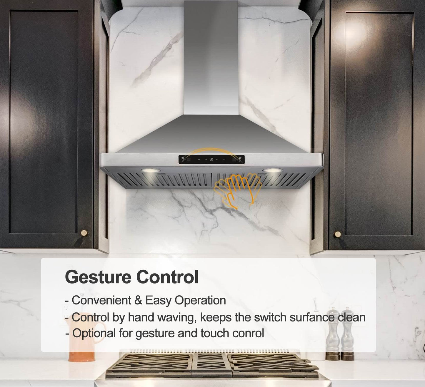 EVERKITCH 24 inch Wall Mount Range Hood 800CFM, with DC Motor, Stainless Steel Vent Hood with 6 Speeds Exhaust Fan, Convertible to Ducted and Ductless, with stainless steel filters