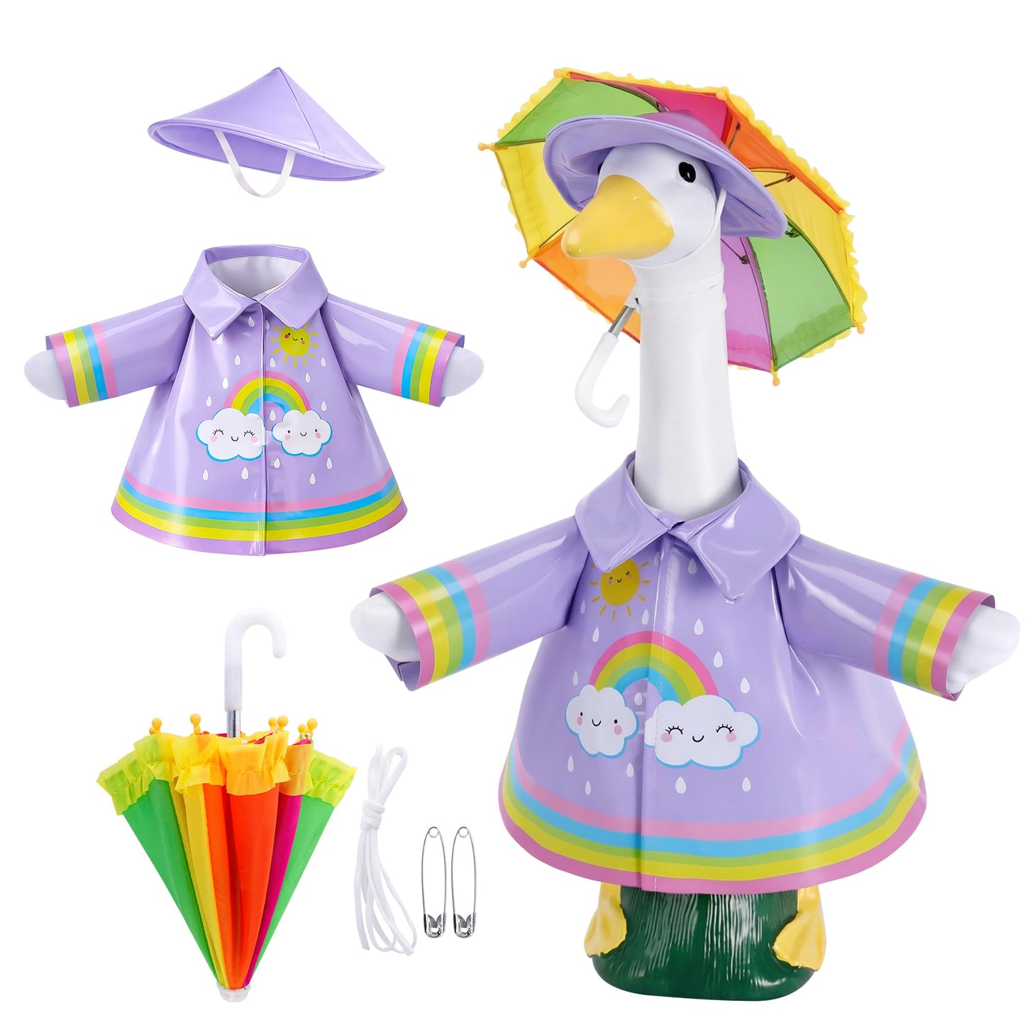 DECOHS 3 Pcs/Set Raincoat Porch Goose Outfits, Summer Lawn Goose Statue Raincoat Costume, Yard Goose Clothes Raincoats Umbrella Hat Outfit for 23" Statue Patio Garden Decoration (Purple Rainbow)