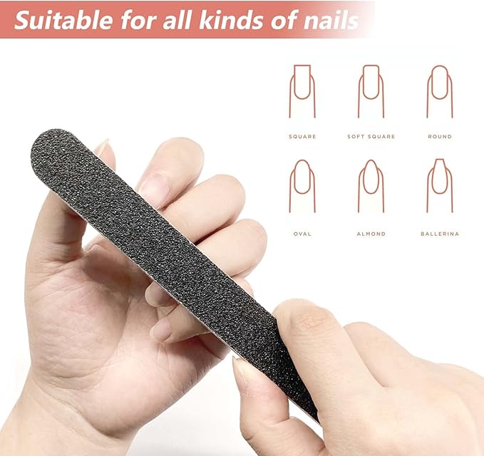 3 Pack Professional Emery Boards, 100/180 Grit Nail File for Acrylic and Natural Nails, Reusable, Black