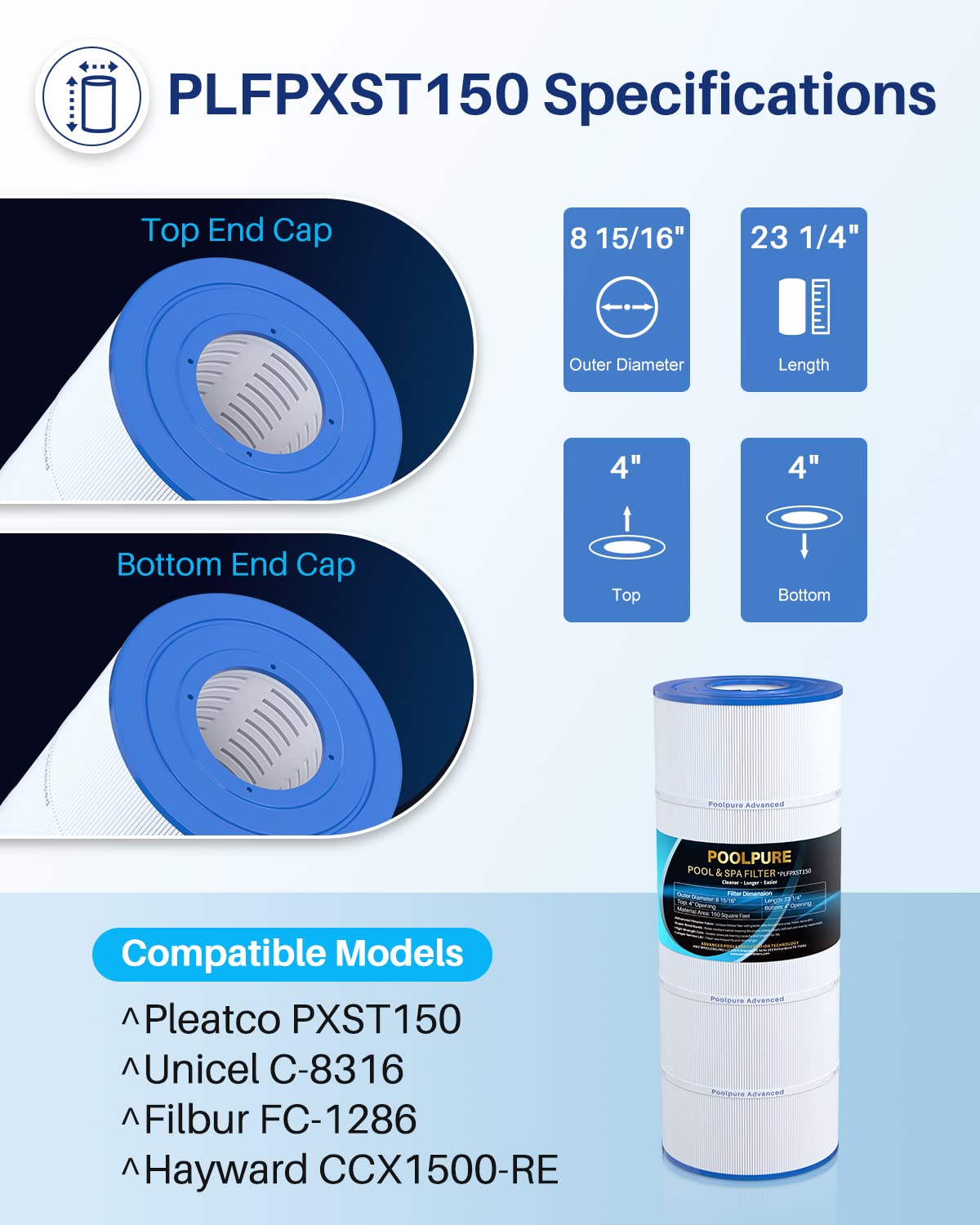 POOLPURE PLFPXST150 Pool Filter Replaces Hayward X-Stream CC1500, CCX1500-RE, Pleatco PXST150, Ultral-B3, Unicel C-8316, Filbur FC-1286, Waterway Pro Clean 150, L x OD: 23 1/4" x 8 15/16"