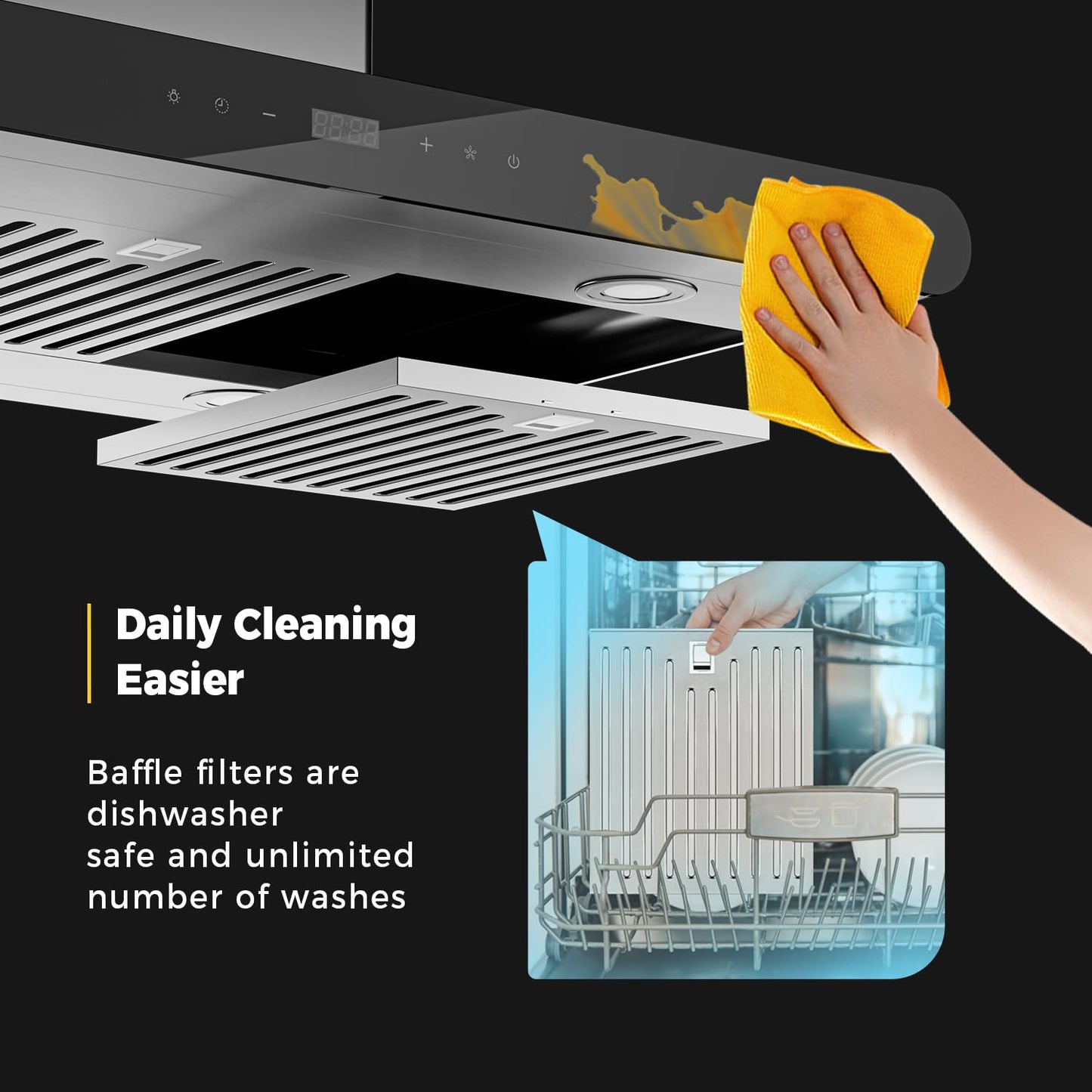 Empava 36“ Island Range Vent Hood Ceiling-Mount, 3-Speed Touch Control, Timer, Stainless Steel Baffle Filters, 4 LED Lights, Convertible Ducted to Ductless (Charcoal Filters Sold Separately)