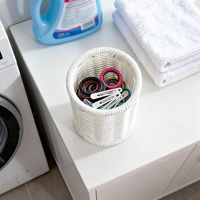 Rattan Jars, Rattan Desk Organizer, Bathroom Essentials Accessories Decor, Vanity Makeup Storage Organizer, for Cotton Balls, Pads, Floss Picks-Minimalist Decor , White(DP053)