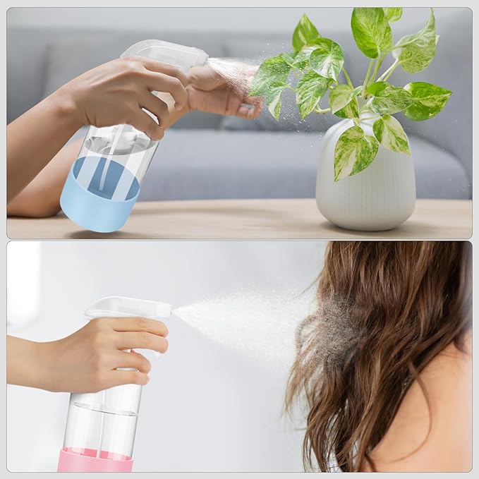 Worldgsb 2 Pack Glass Spray Bottles with Silicone Sleeve, 16 oz Empty Refillable Containers with Adjustable Spray Nozzles, Spray Bottles for Hair, Cleaning Solutions and Plants Blue&Pink