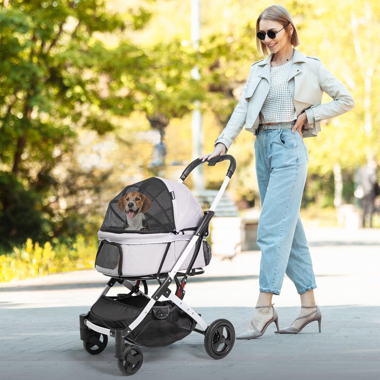BETSOCCI Pet Stroller for Medium Small Dog & Cat, Foldable Lightweight Dog Stroller with Storage Basket Pet Travel Carriage with Safety Leashes, 4 Wheel, Gray